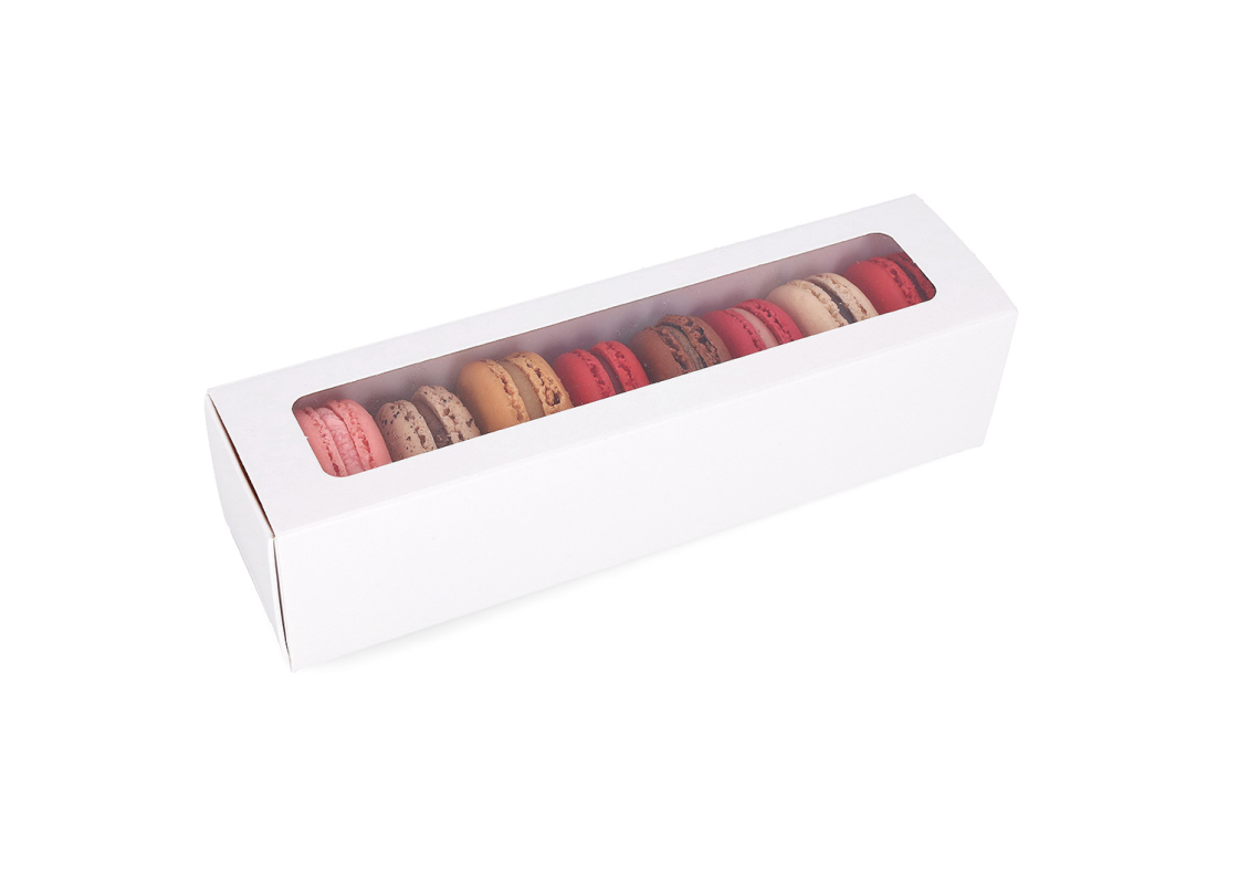 MAC-1L/B: 200 x 50 x 50 mm, Baltos spalvos dėžė saldainiams ir macarons sausainiams su skaidriu langeliu (10vnt) 1