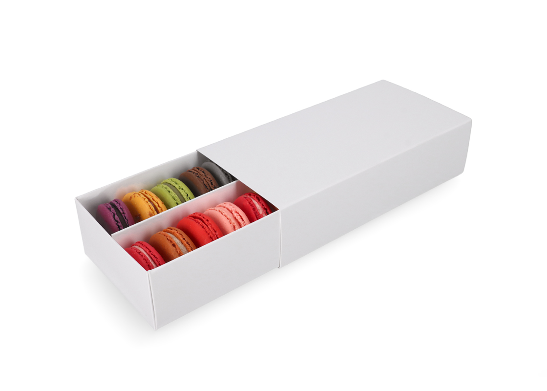MAC-2/B: 200 x 100 x 50 mm, Baltos spalvos dėžė saldainiams ir macarons sausainiams (10 vnt) 2