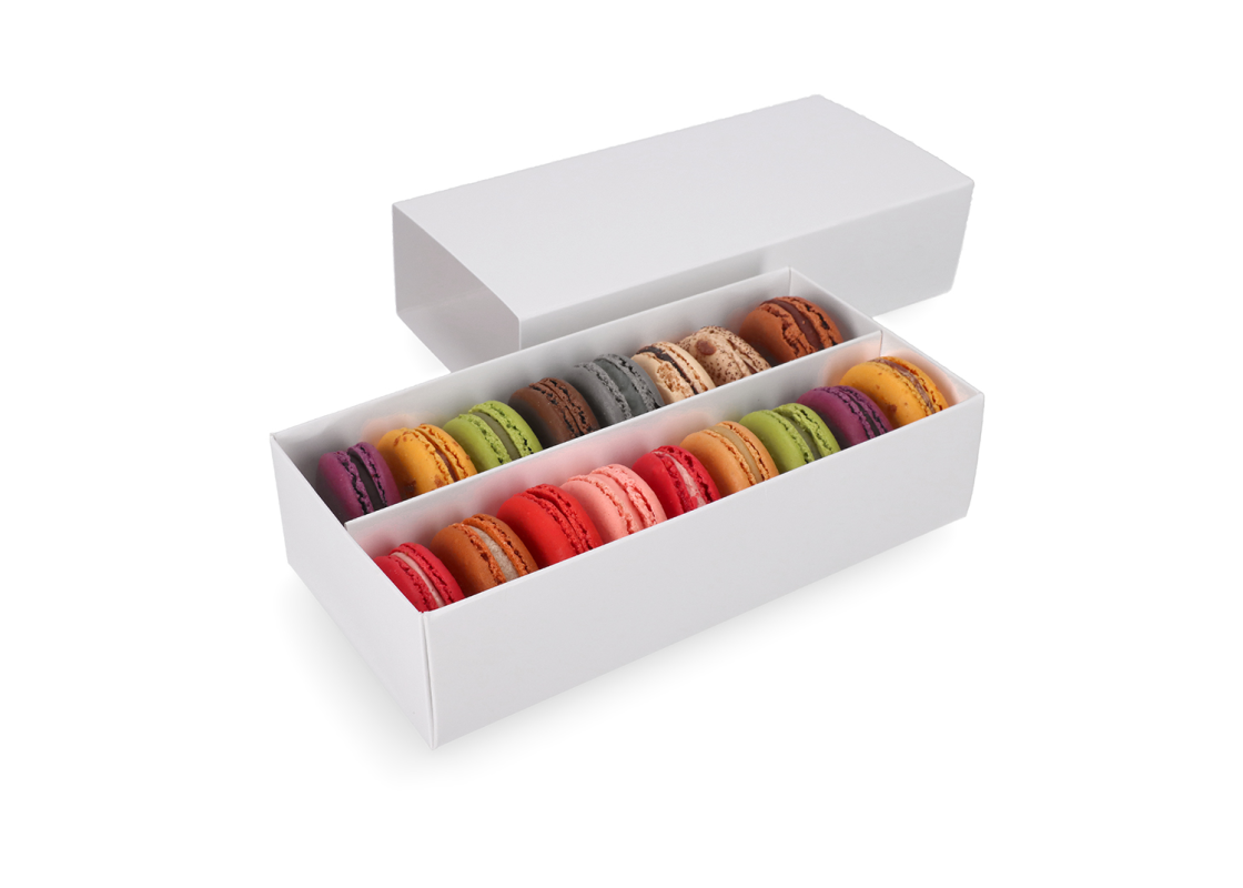 MAC-2/B: 200 x 100 x 50 mm, Baltos spalvos dėžė saldainiams ir macarons sausainiams (10 vnt) 1