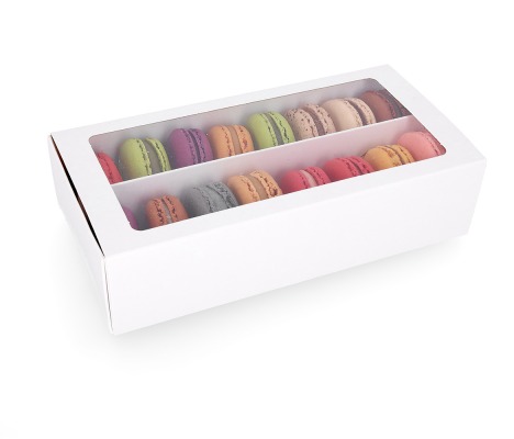 MAC-2L/B: 200 x 100 x 50 mm, Baltos spalvos dėžė saldainiams ir macarons sausainiams su skaidriu langeliu (10vnt) 1