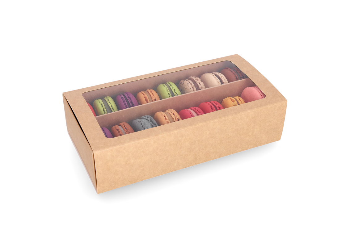 MAC-2L/R: 200 x 100 x 50 mm, rudos spalvos dėžė saldainiams ir macarons sausainiams su skaidriu langeliu (10vnt) 1