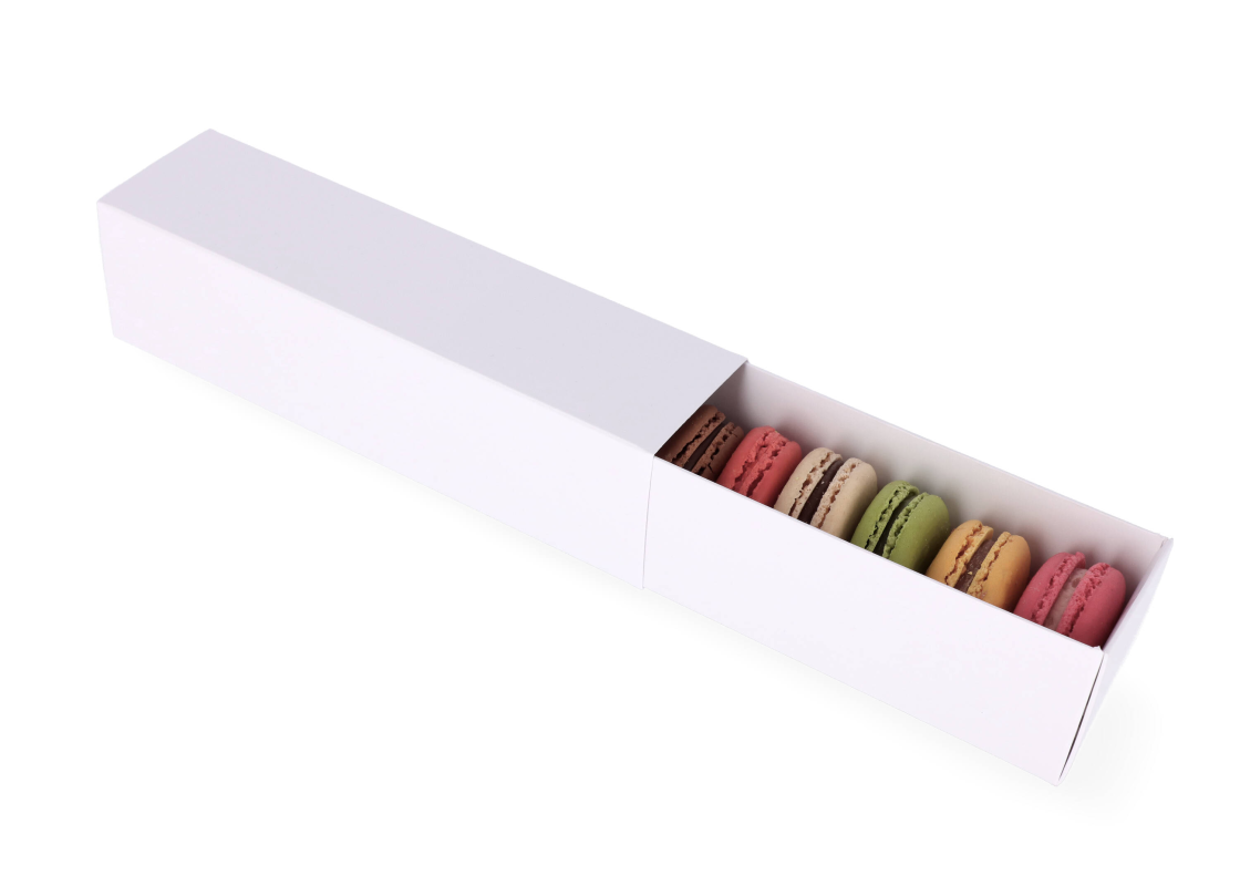 MAC-1/B: 200 x 50 x 50 mm,Baltos spalvos dėžė saldainiams ir macarons sausainiams (10vnt) 1